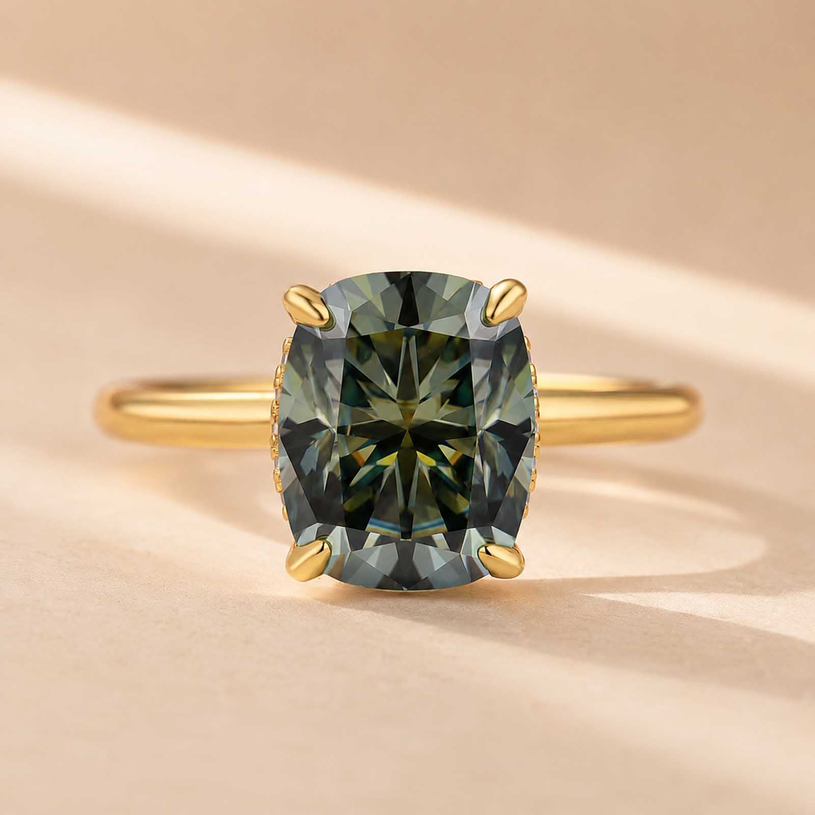 S925 Moissanite 3.5Ct Cushion Cut Hidden Halo Green Stone Engagement Ring in Sterling Silver
