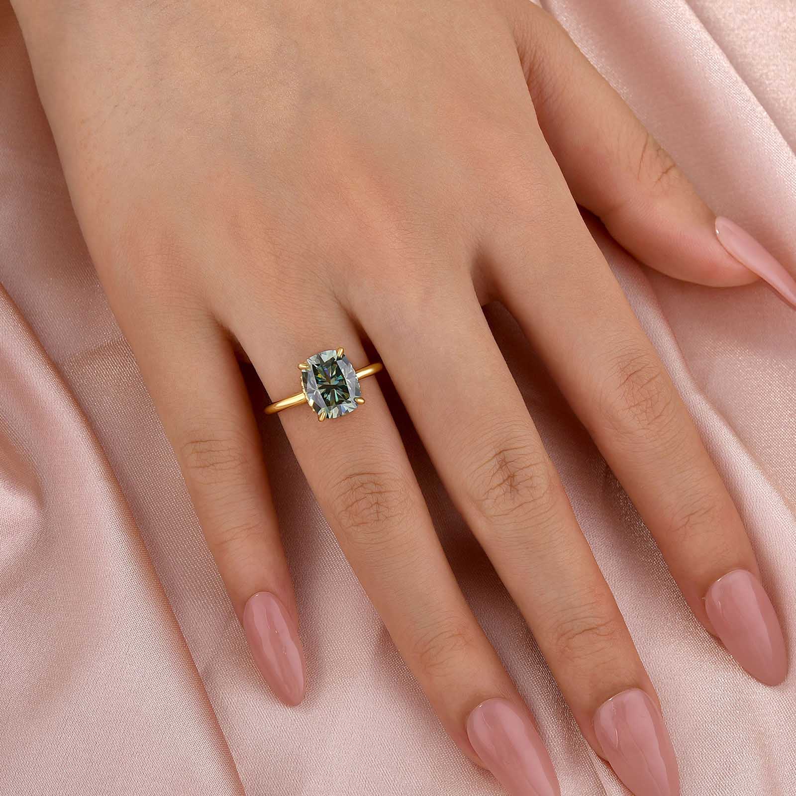 S925 Moissanite 3.5Ct Cushion Cut Hidden Halo Green Stone Engagement Ring in Sterling Silver
