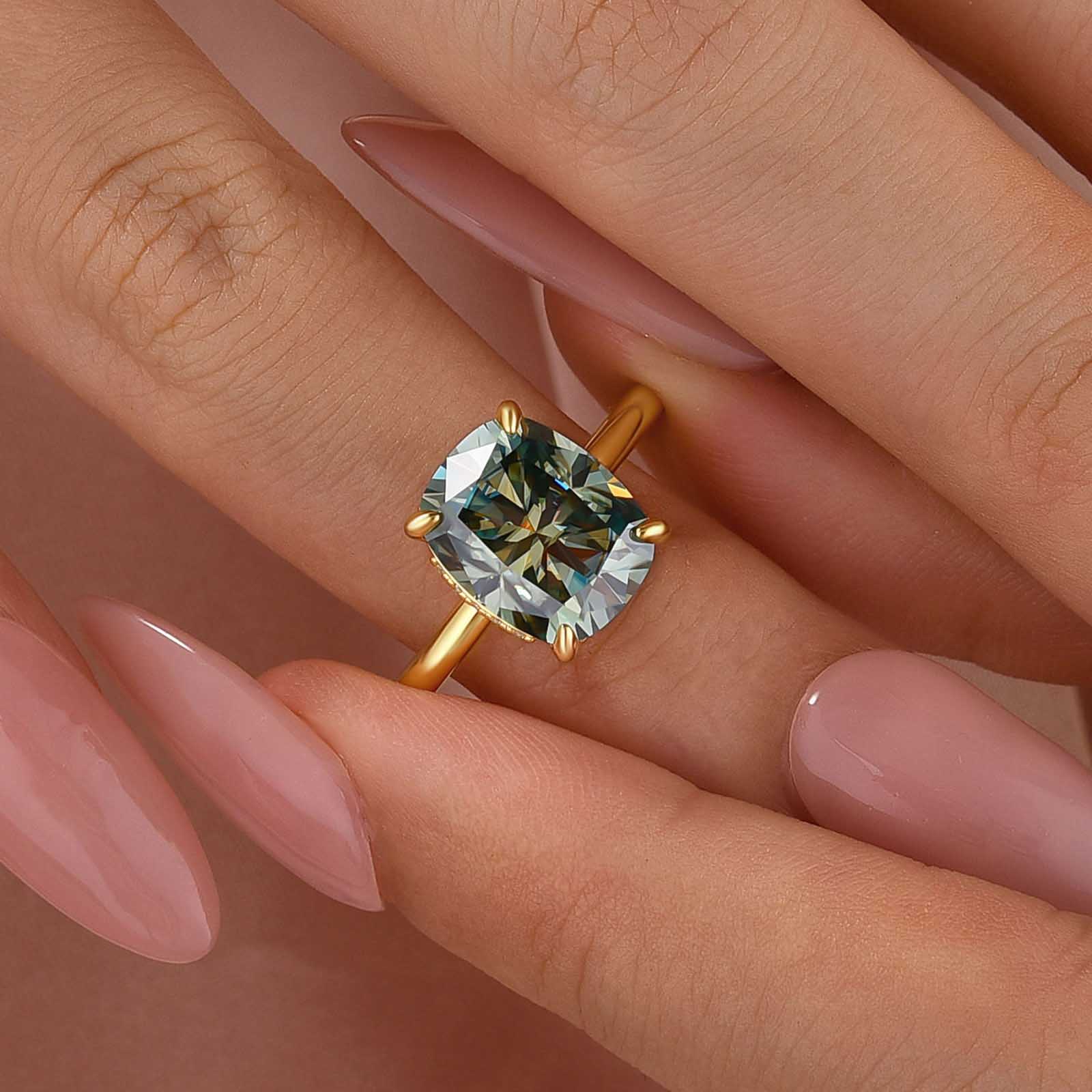 S925 Moissanite 3.5Ct Cushion Cut Hidden Halo Green Stone Engagement Ring in Sterling Silver