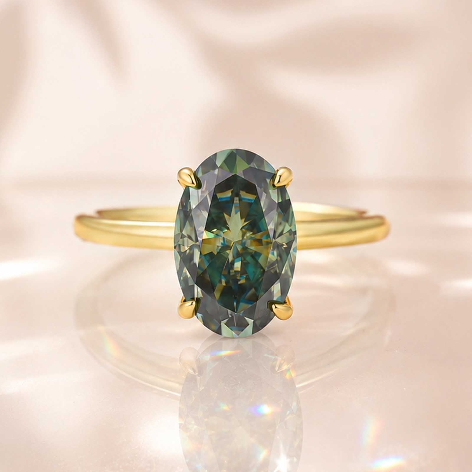 Moissanite 3.0Ct Green Oval Hidden Halo Solitaire Nature-Inspired Ring