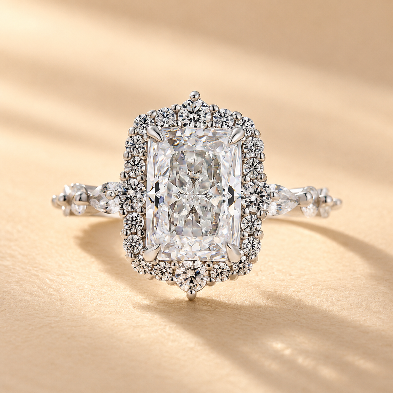 3.5Ct Radiant Cut Side Stone Vintage Halo Engagement Ring In Sterling Silver