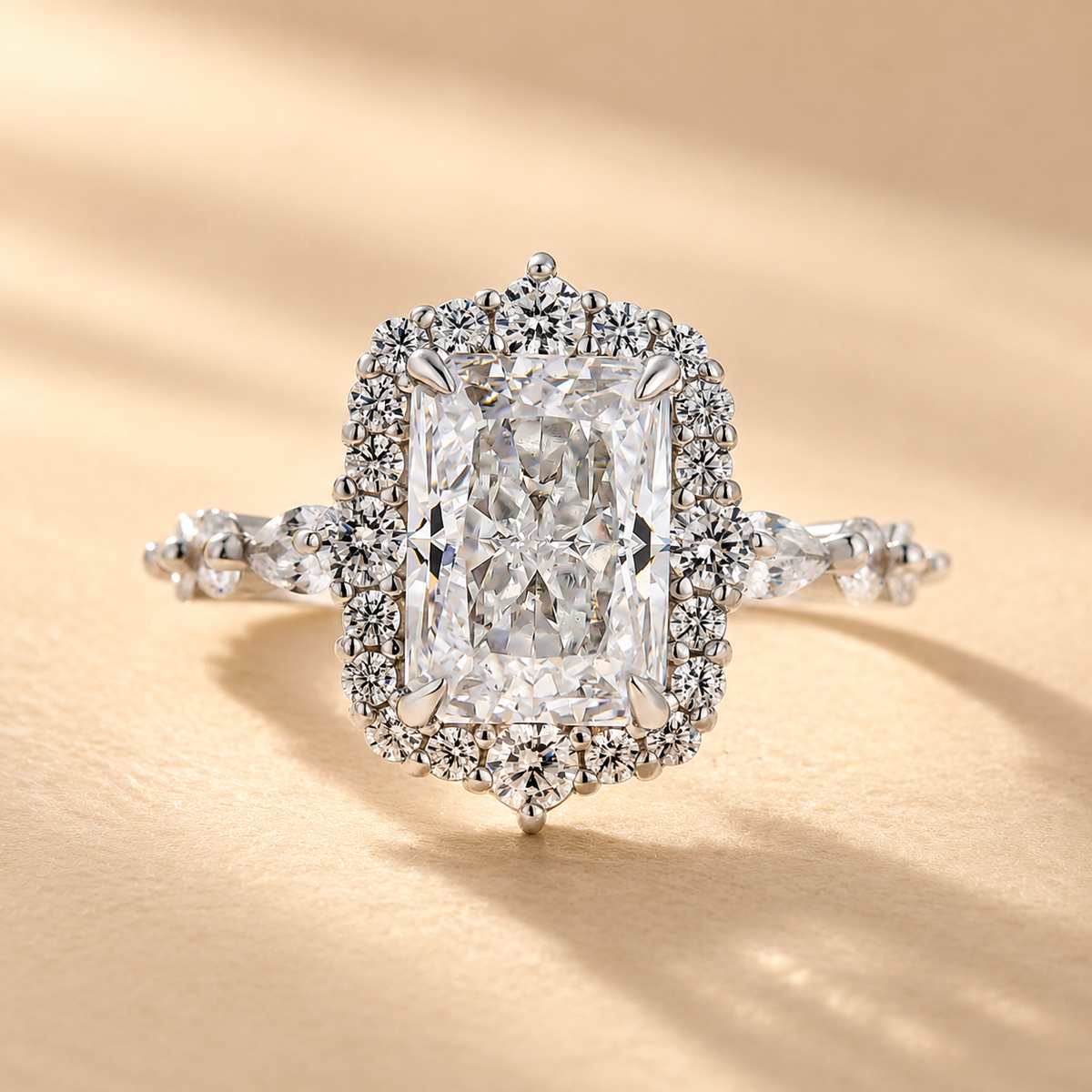 3.5Ct Radiant Cut Side Stone Vintage Halo Engagement Ring In Sterling Silver
