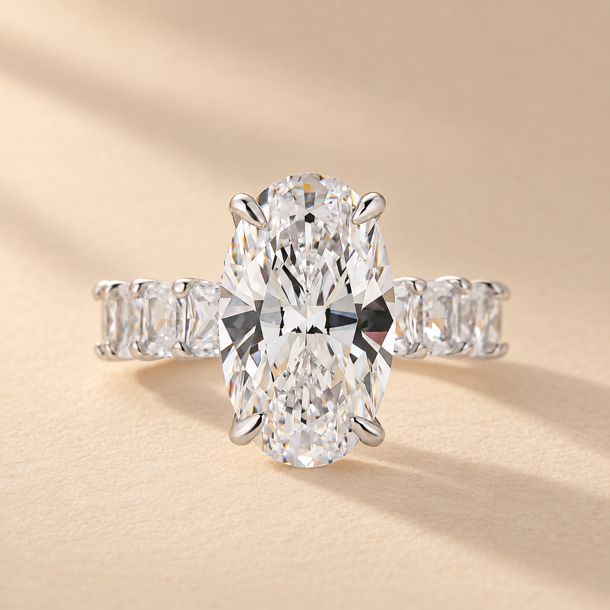 S925 Luxe Hidden Halo 6.5Ct Oval Cut Side Stone Engagement Ring For Women