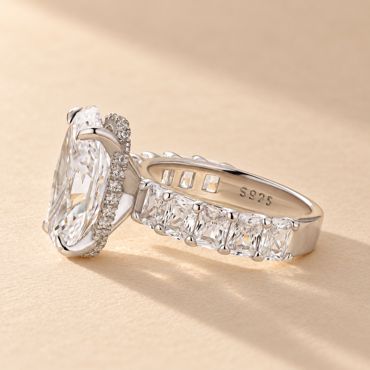 S925 Luxe Hidden Halo 6.5Ct Oval Cut Side Stone Engagement Ring For Women