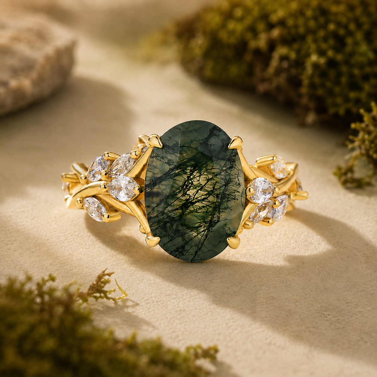 Nature-Inspired Split Shank 3.5Ct Oval Cut Moss Agate Vine-Style Engagement Ring