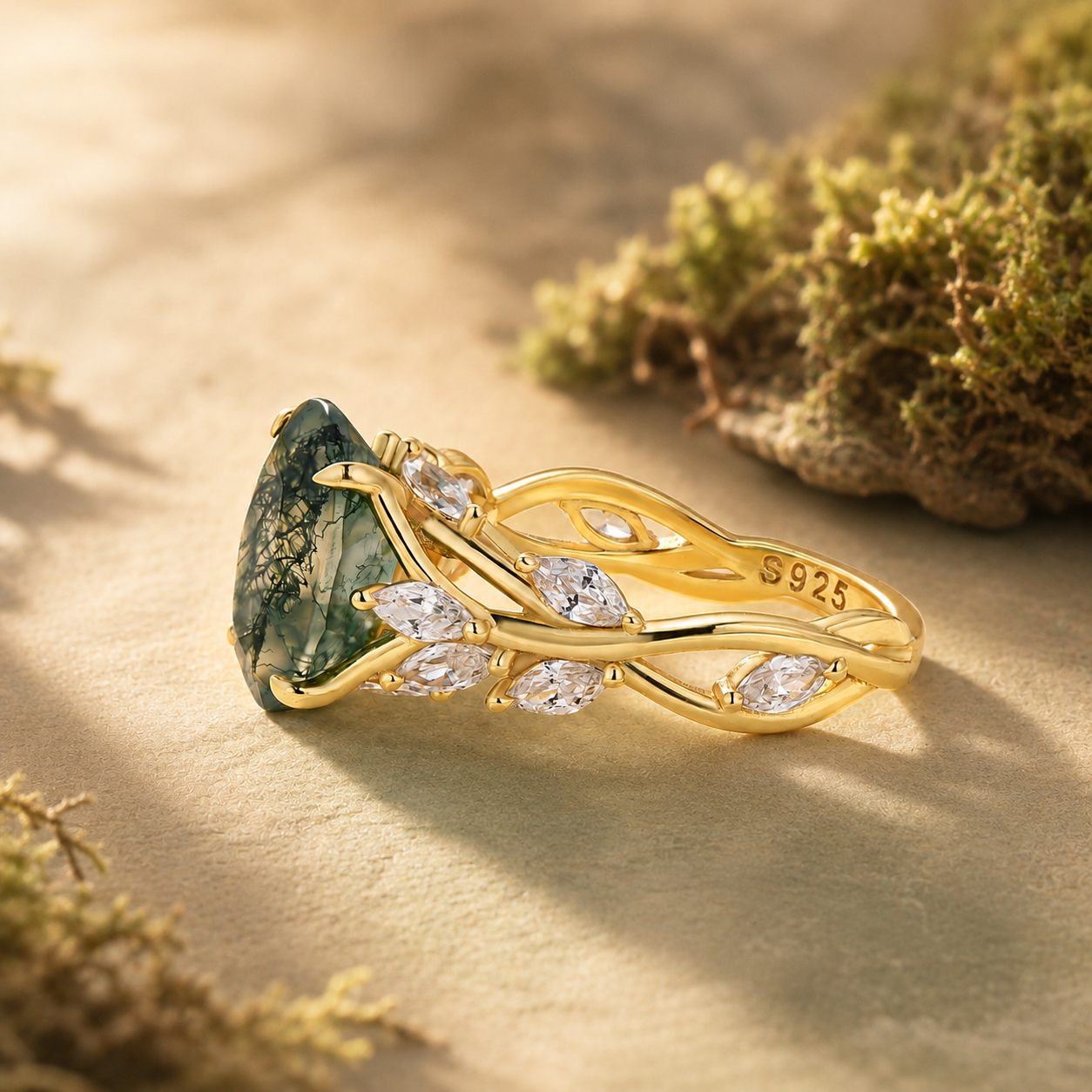 Nature-Inspired Split Shank 3.5Ct Oval Cut Moss Agate Vine-Style Engagement Ring