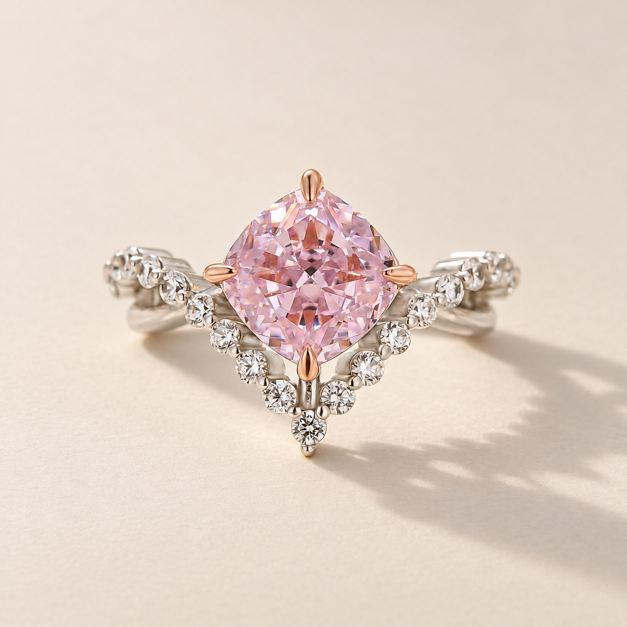 3.0Ct Pink Two-Tone Cushion Cut V-Shaped Split Shank Engagement Ring