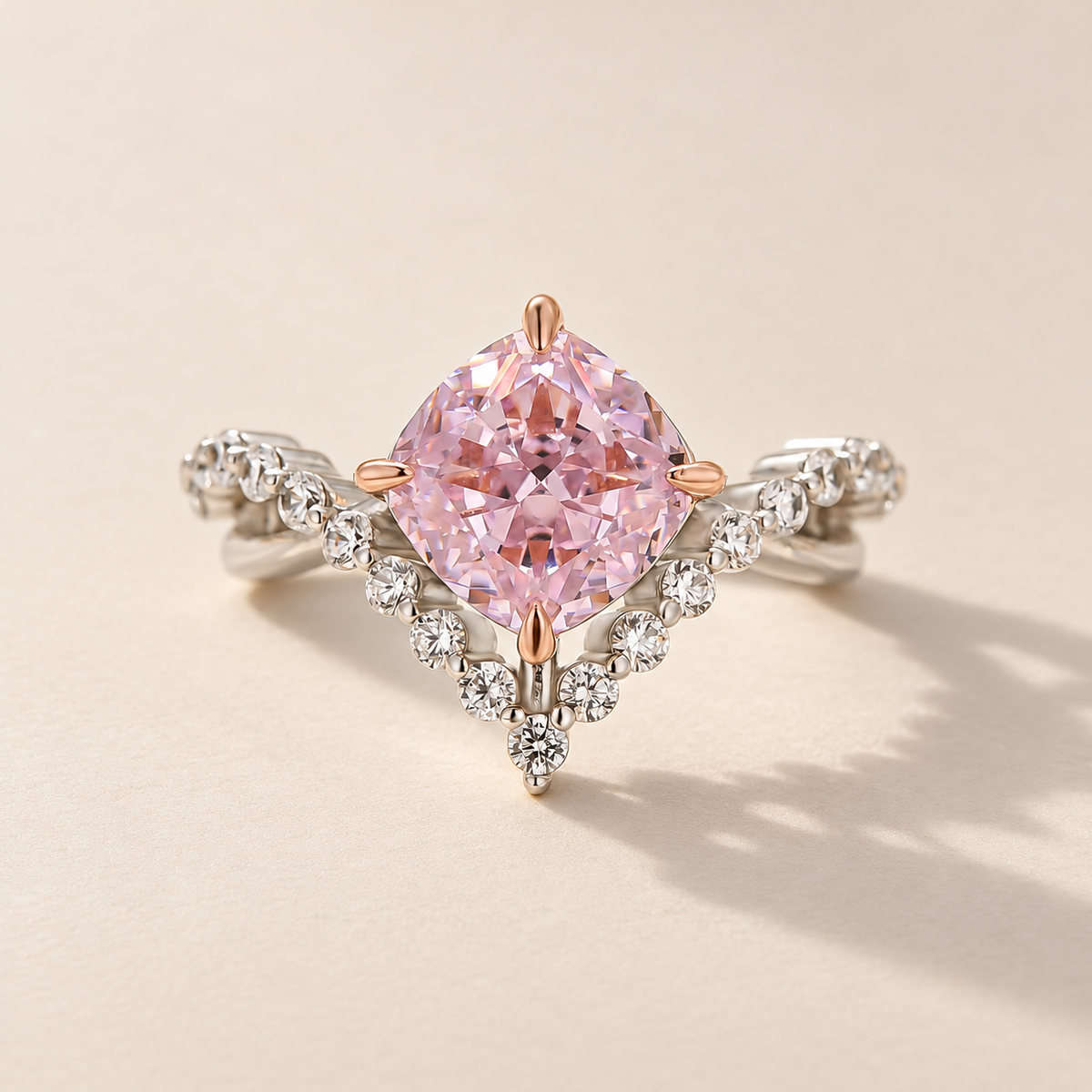3.0Ct Pink Two-Tone Cushion Cut V-Shaped Split Shank Engagement Ring