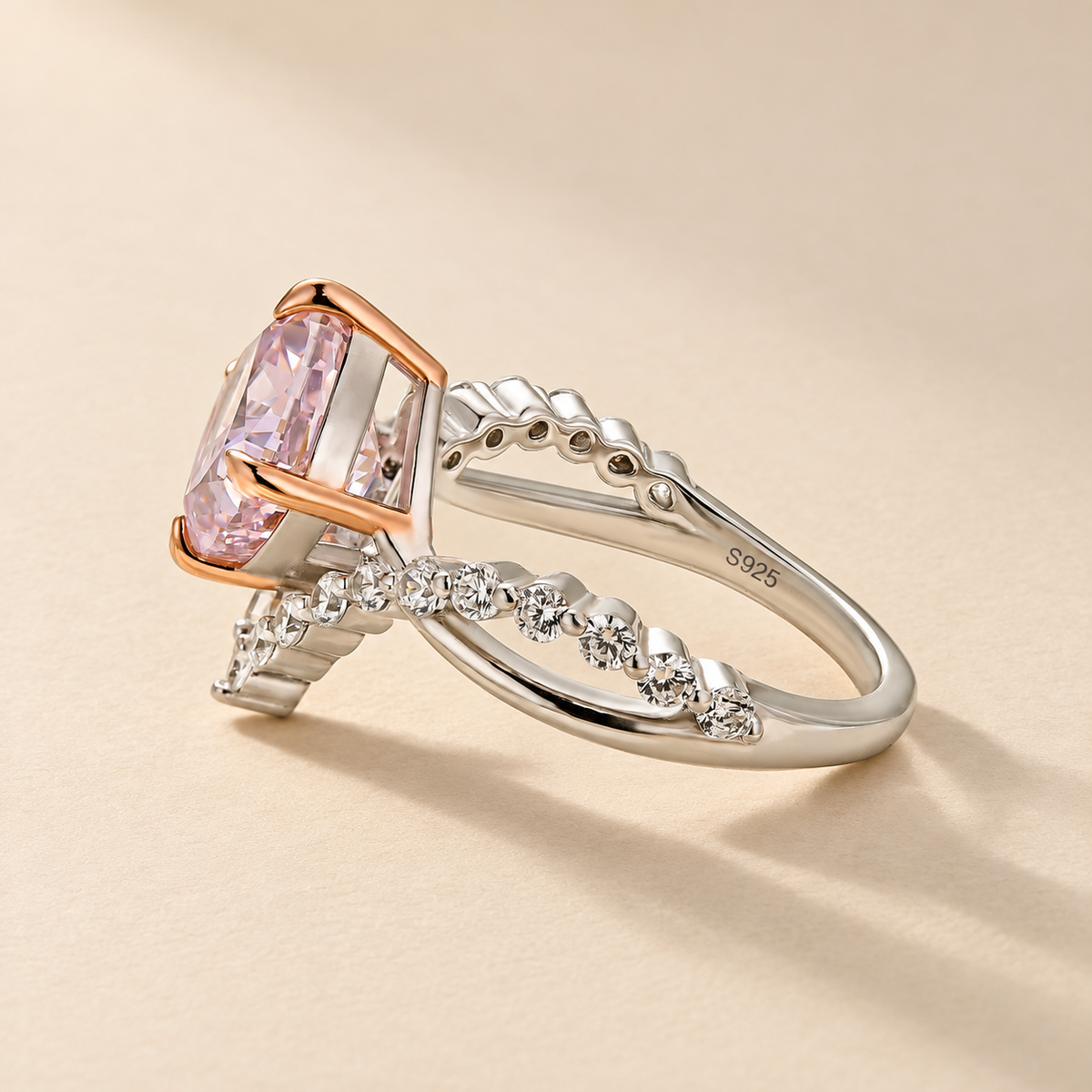 3.0Ct Pink Two-Tone Cushion Cut V-Shaped Split Shank Engagement Ring