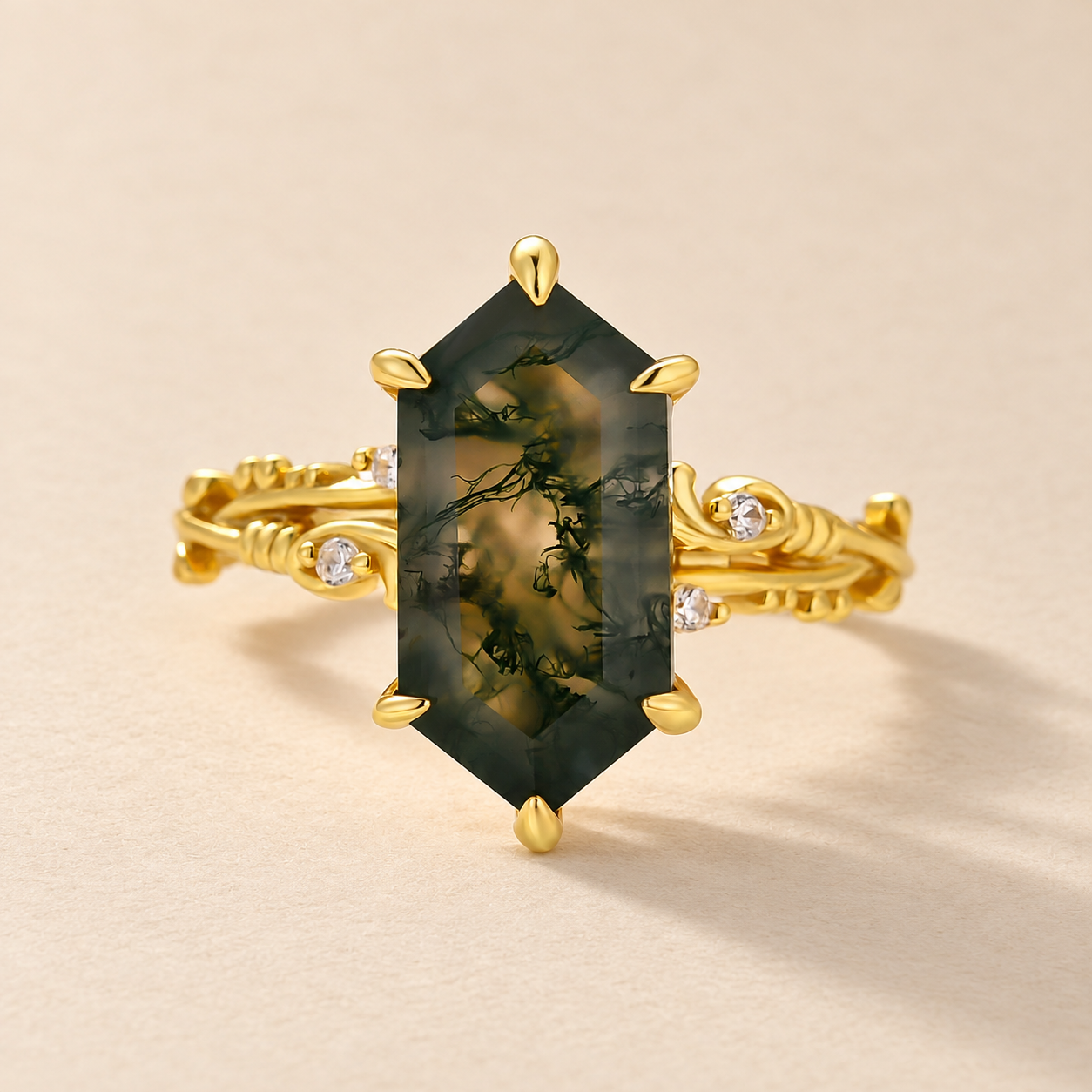 Moss Agate 2.0Ct Elongated Hexagon Cut Nature-Inspired Engagement Ring
