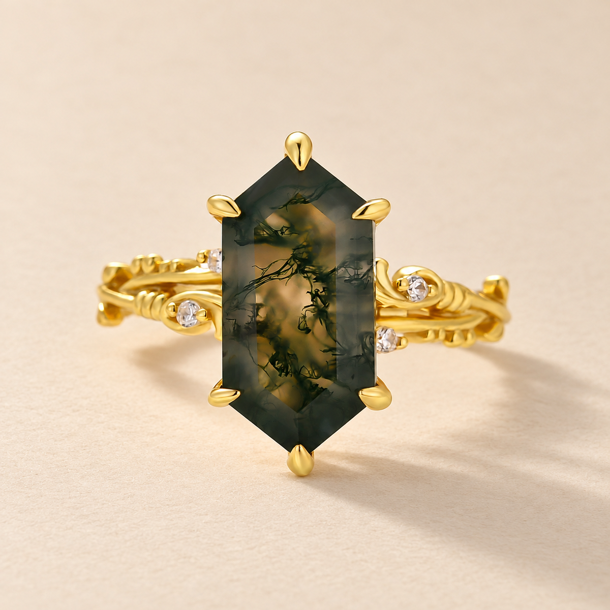 Moss Agate 2.0Ct Elongated Hexagon Cut Nature-Inspired Engagement Ring
