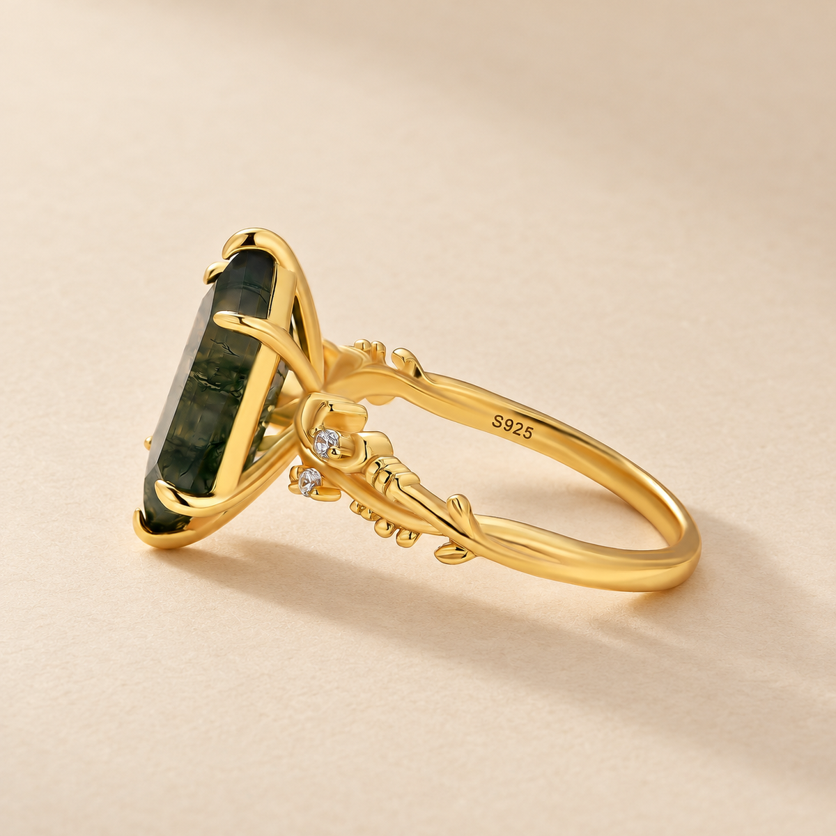 Moss Agate 2.0Ct Elongated Hexagon Cut Nature-Inspired Engagement Ring