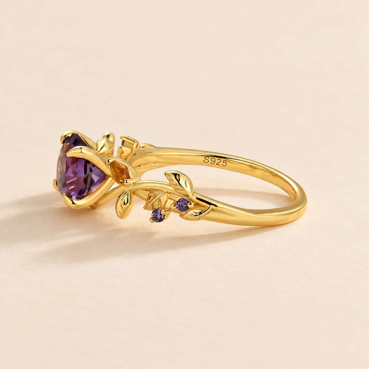 1.25Ct Nature-Inspired Round Cut Purple Stone Vine Engagement Ring
