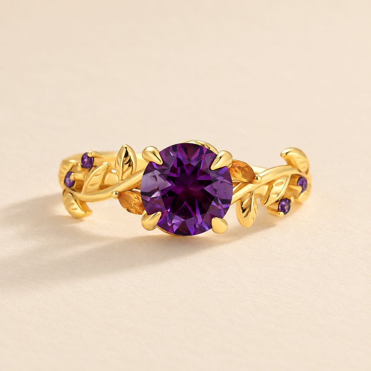 1.25Ct Nature-Inspired Round Cut Purple Stone Vine Engagement Ring