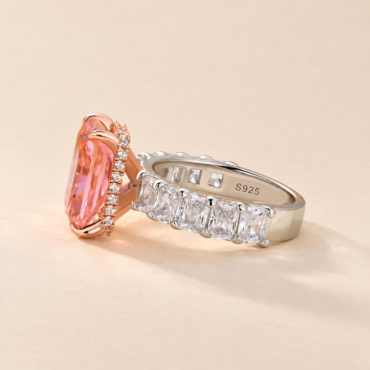 Hidden Halo 5.0Ct Radiant Cut Padparadscha Two-Tone Engagement Ring
