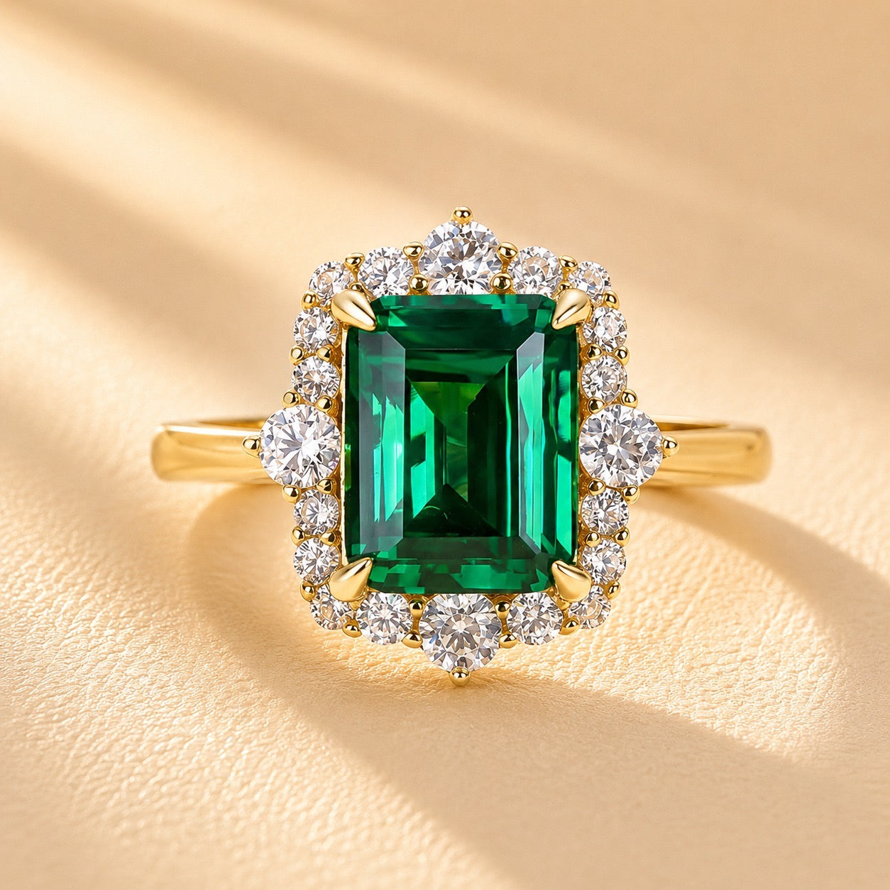 Louily Yellow Gold Halo Emerald Cut Engagement Ring In Sterling Silver