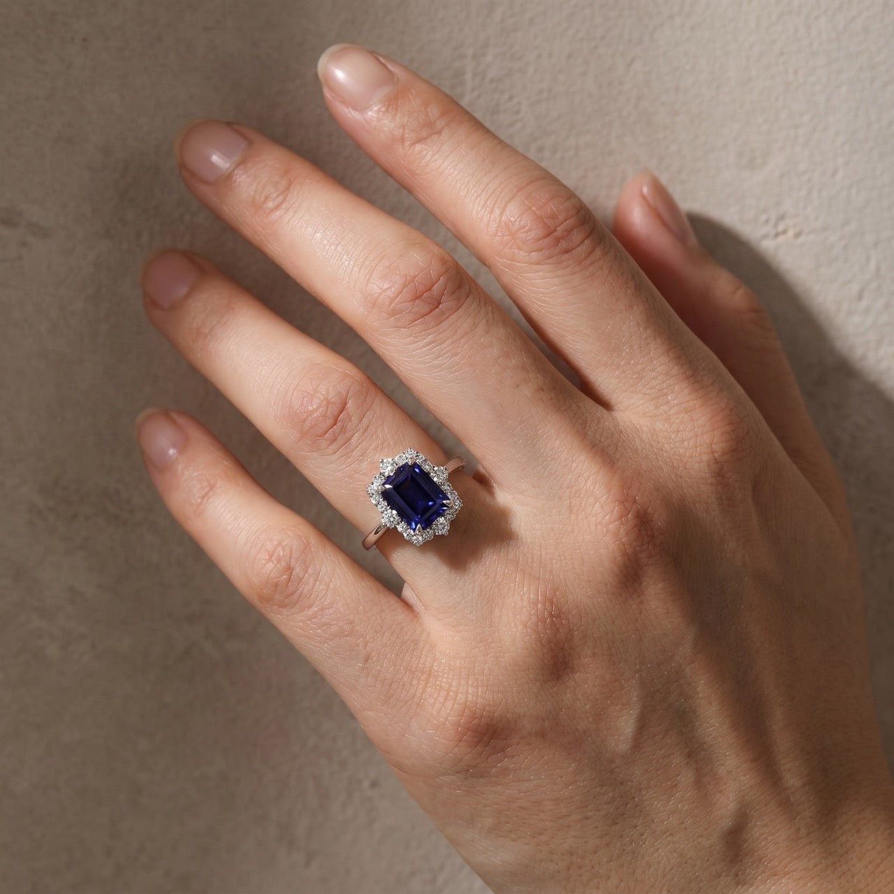 S925 3.0 Carat Halo Emerald Cut Blue Sapphire Engagement Ring In Sterling Silver