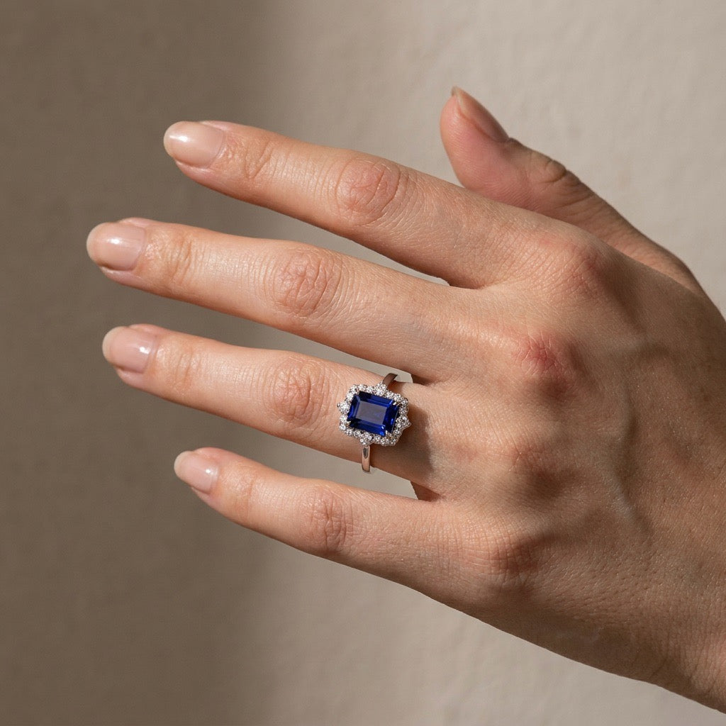 S925 3.0 Carat Halo Emerald Cut Blue Sapphire Engagement Ring In Sterling Silver