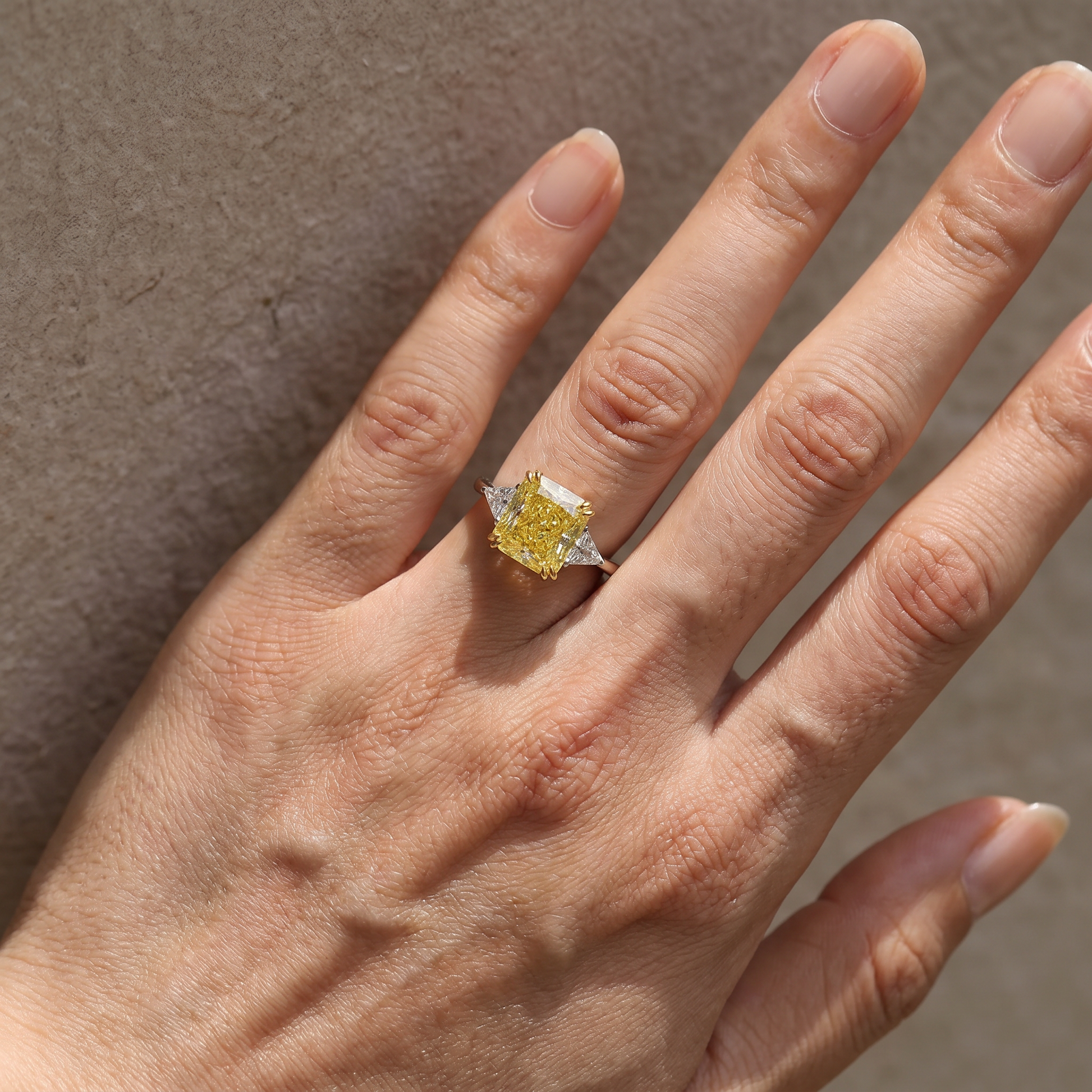 Louily Yellow Stone Radiant & Triangle Cut Three Stone Engagement Ring In Sterling Silver