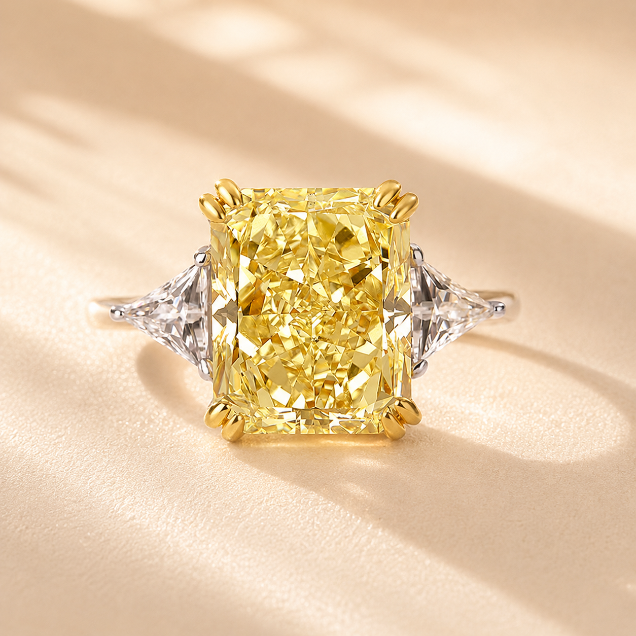 Louily Yellow Stone Radiant & Triangle Cut Three Stone Engagement Ring In Sterling Silver