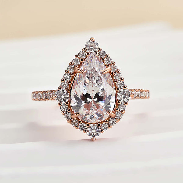 Louily Exquisite 2.2 Carat Halo Pear Cut Rose Gold Engagement Ring In Sterling Silver