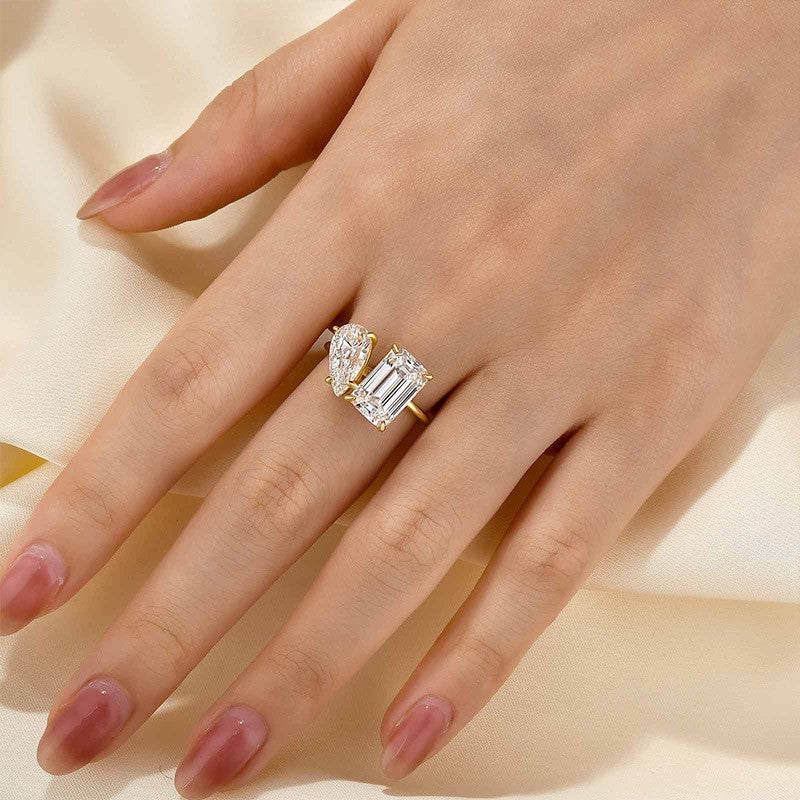 Louily Unique Double Stones Design Emerald Cut & Pear Cut Engagement Ring In Sterling Silver - louilyjewelry