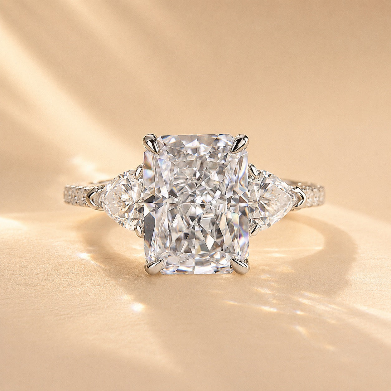 Louily 5.0 Carat Radiant Cut Three Stone Engagement Ring With Two Heart Cut Side Stones