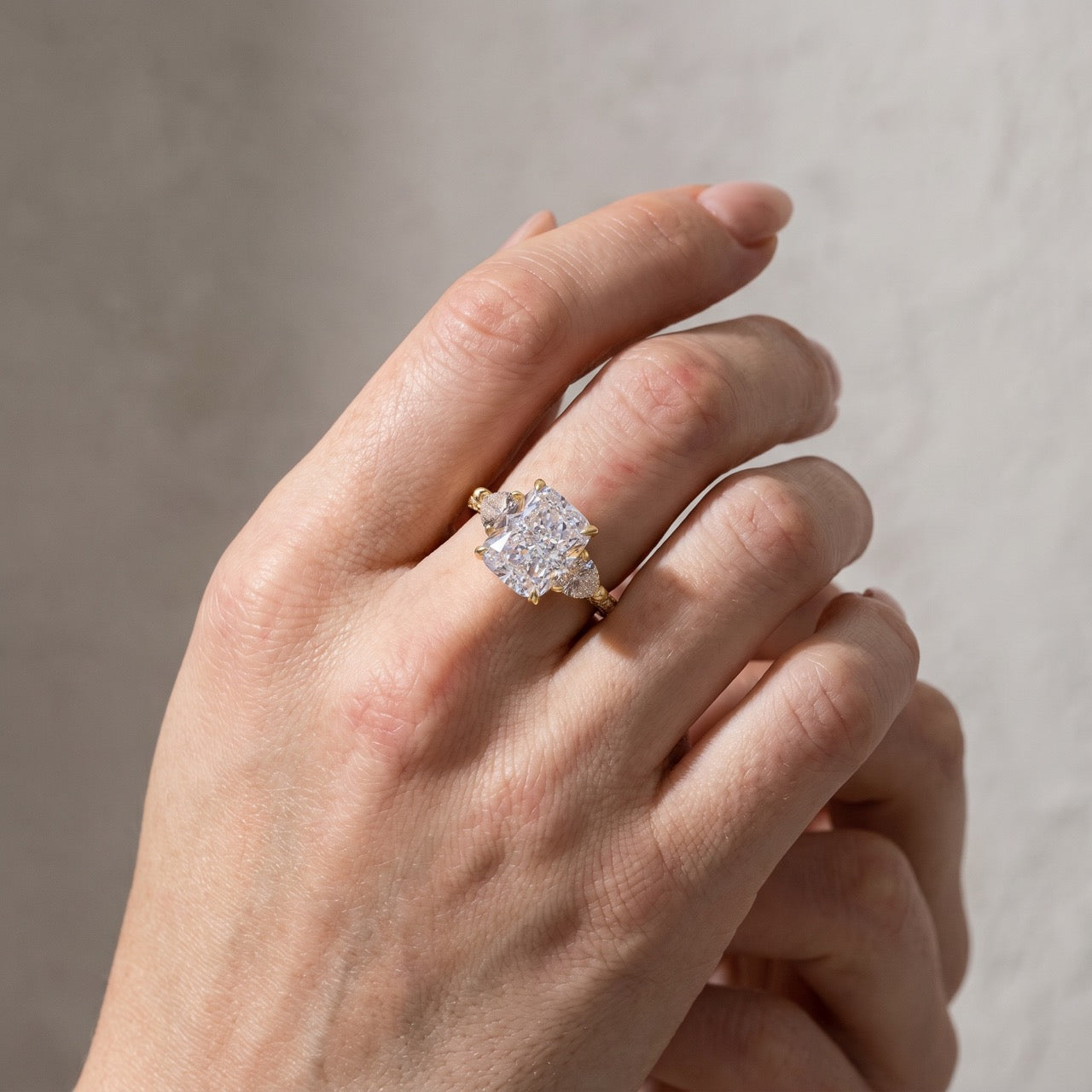 Louily 5.0 Carat Radiant Cut Three Stone Engagement Ring With Two Heart Cut Side Stones