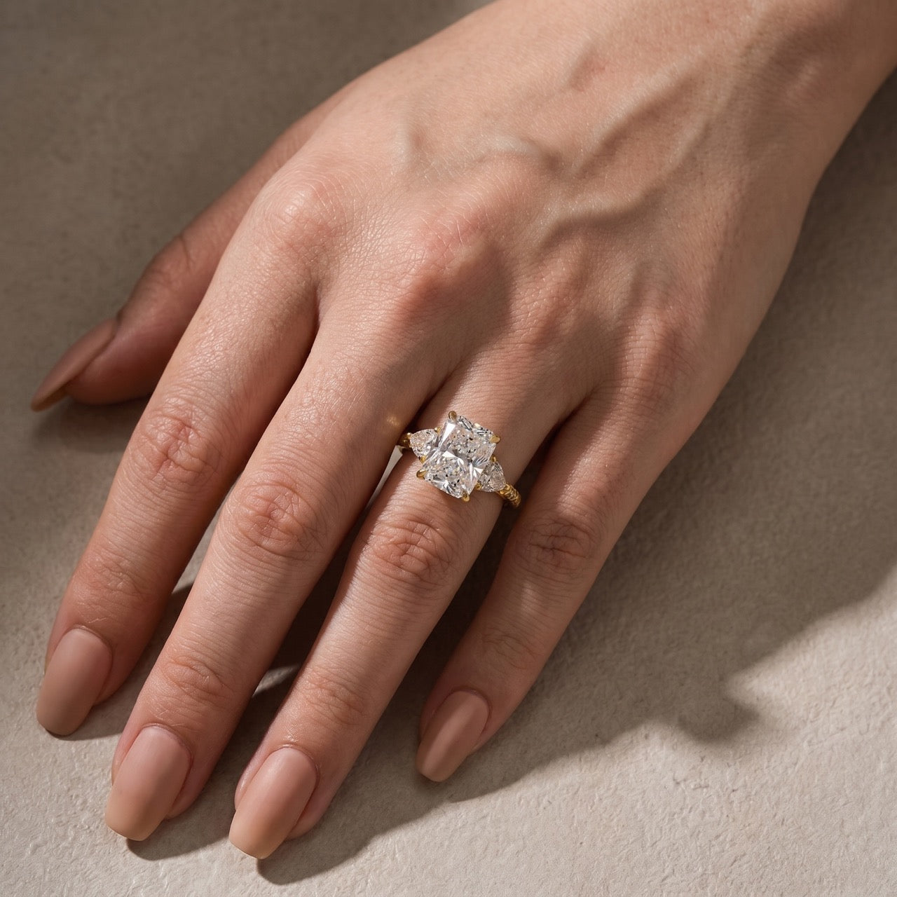 Louily 5.0 Carat Radiant Cut Three Stone Engagement Ring With Two Heart Cut Side Stones
