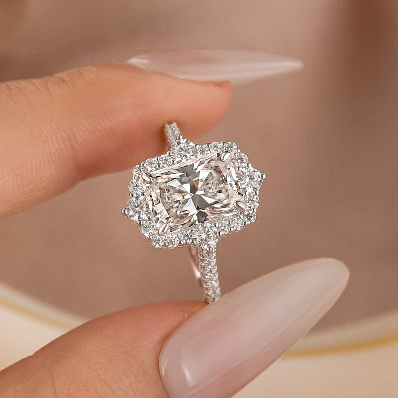S925 Vintage Halo 3.5Ct  Radiant Cut Engagement Ring For Women In Sterling Silver