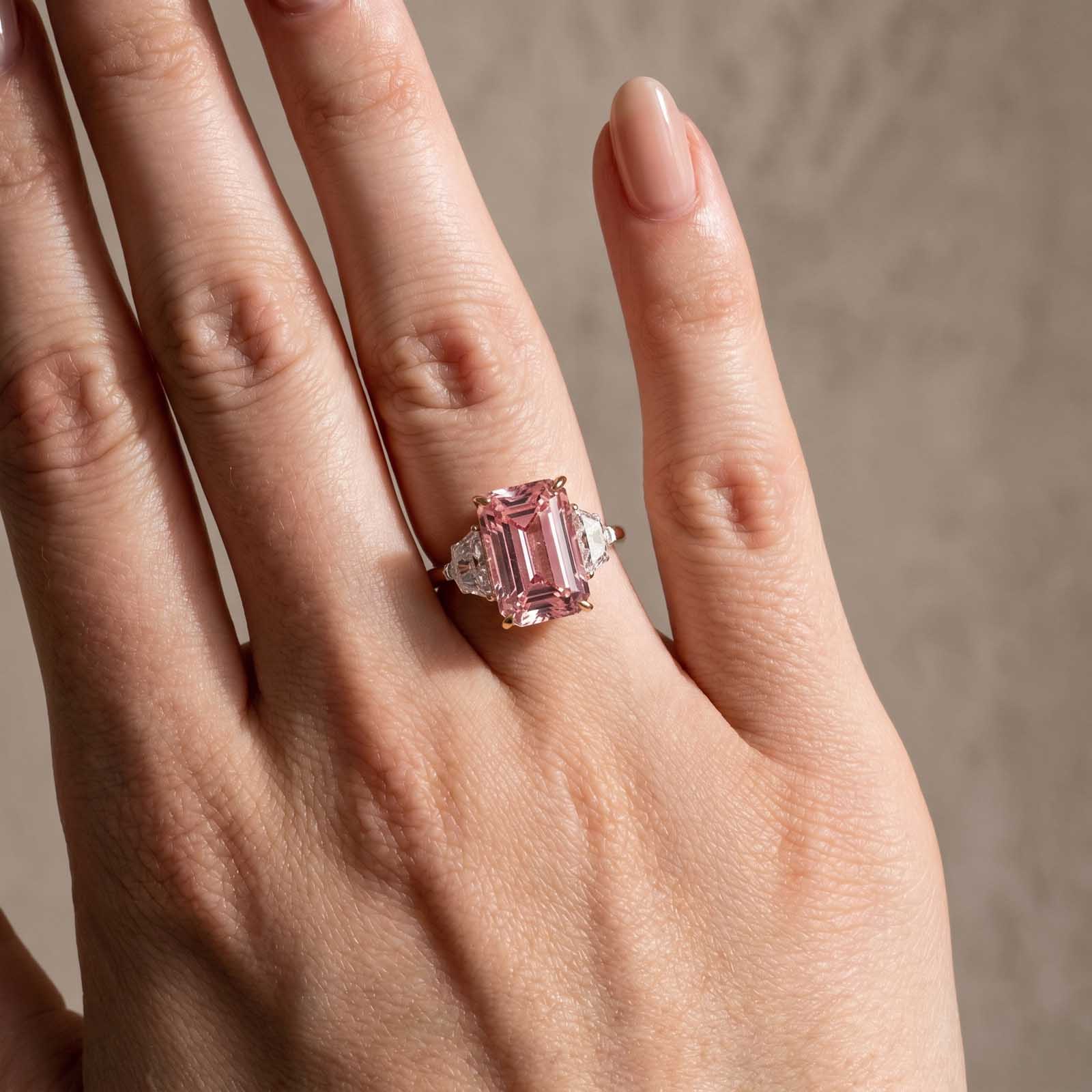 S925 Gorgeous Emerald Cut Morganite Pink Three Stone Engagement Ring In Sterling Silver