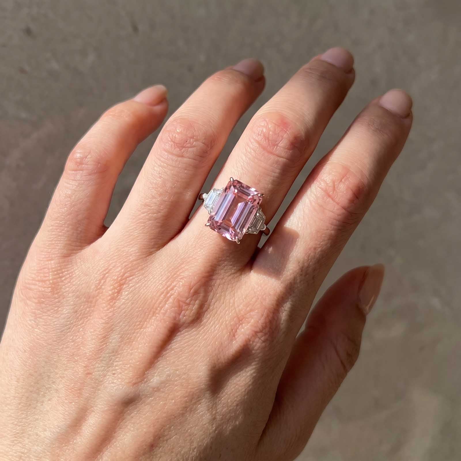 S925 Gorgeous Emerald Cut Morganite Pink Three Stone Engagement Ring In Sterling Silver