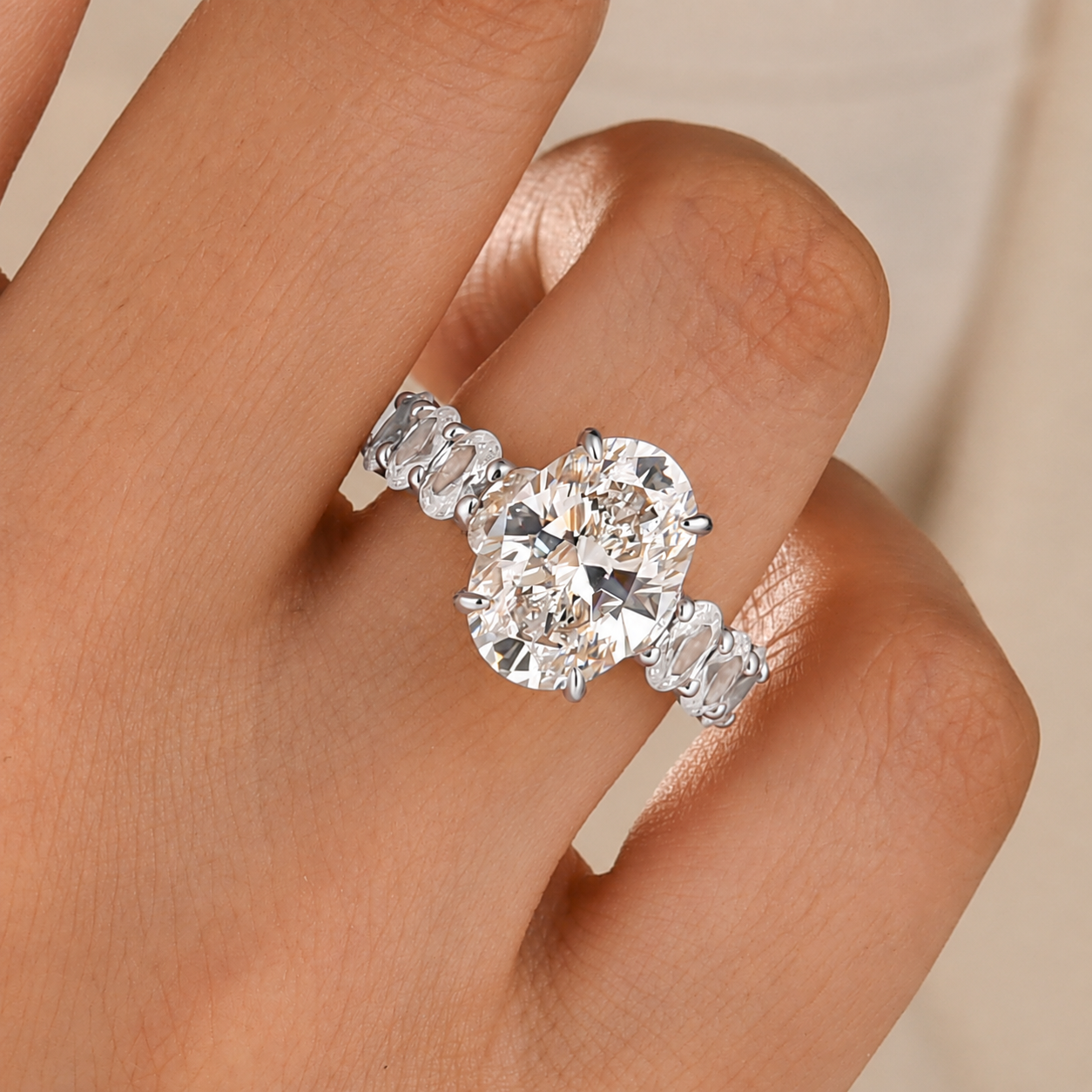 S925 Luxurious 4.5Ct Oval Cut Side Stone Engagement Ring In Sterling Silver For Daily Wear