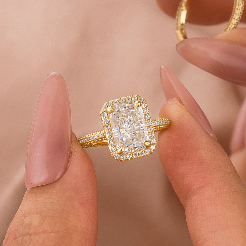 3.5Ct Halo Radiant Cut Engagement Ring Travel Ring For Her In Sterling Silver - louilyjewelry