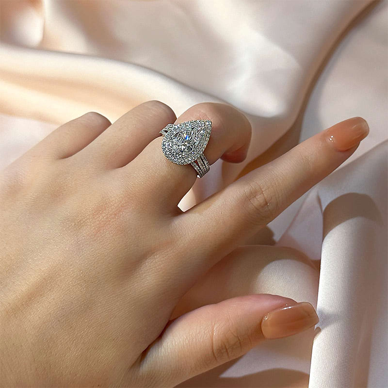 Louily Luxury Double Halo Pear Cut Engagement Ring In Sterling Silver