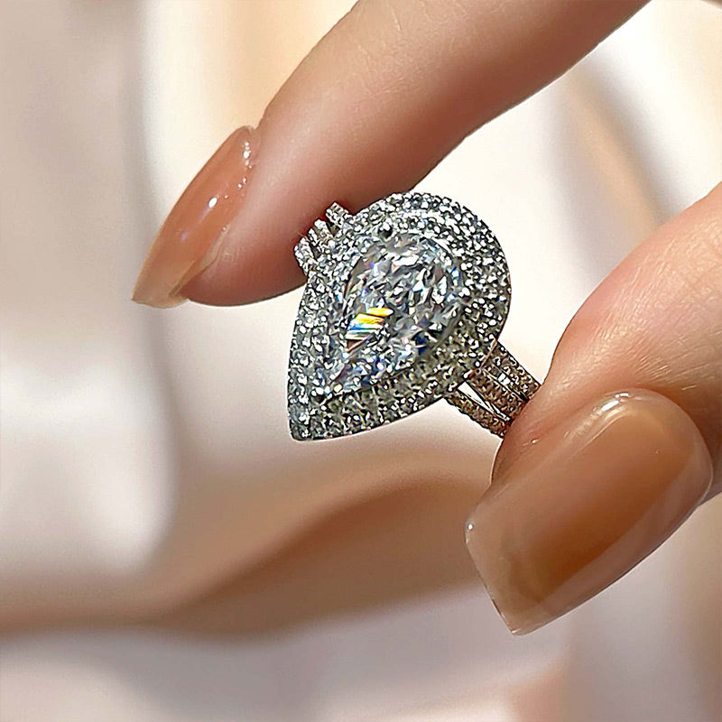 Louily Luxury Double Halo Pear Cut Engagement Ring In Sterling Silver