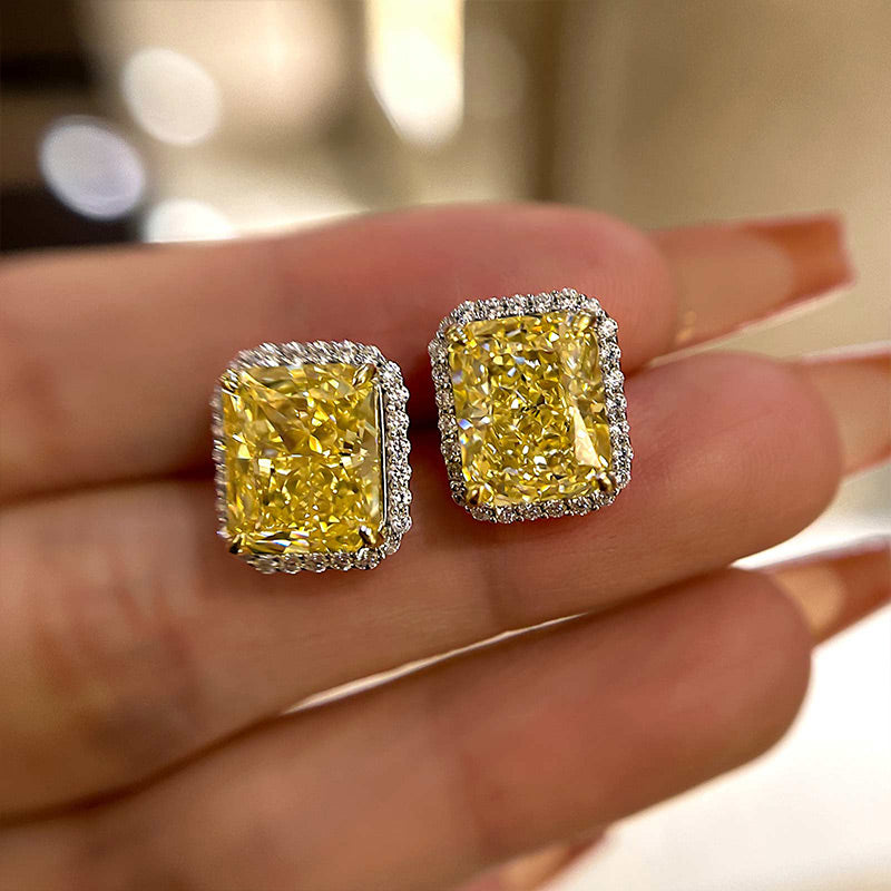 Louily Stunning Halo Cushion Cut Yellow Sapphire Women's Stud Earring In Sterling Silver - louilyjewelry