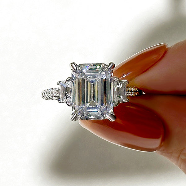 Louily Stunning Emerald Cut Three Stone Engagement Ring In Sterling Silver