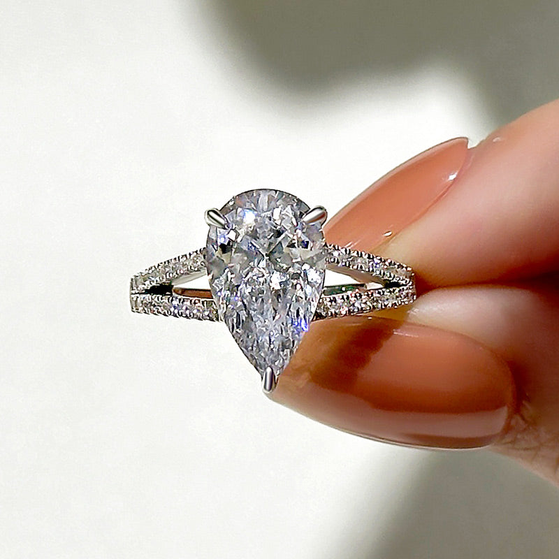 Louily Unique Split Shank Pear Cut Engagement Ring In Sterling Silver - louilyjewelry