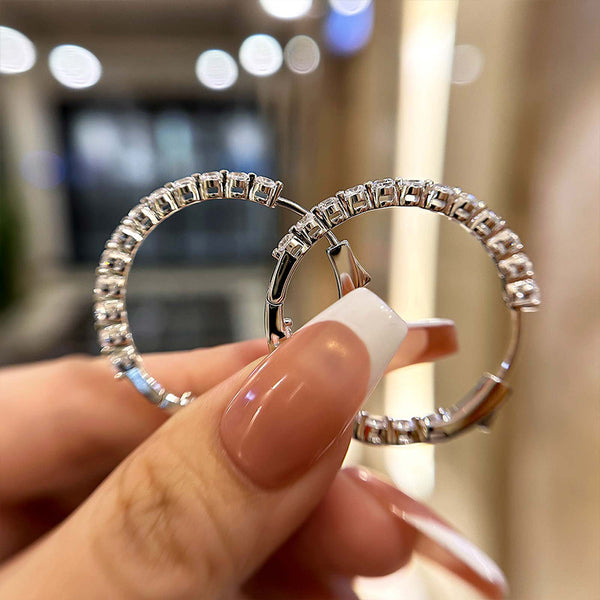 Sparkle Round Cut Women's Hoop Earrings In Sterling Silver