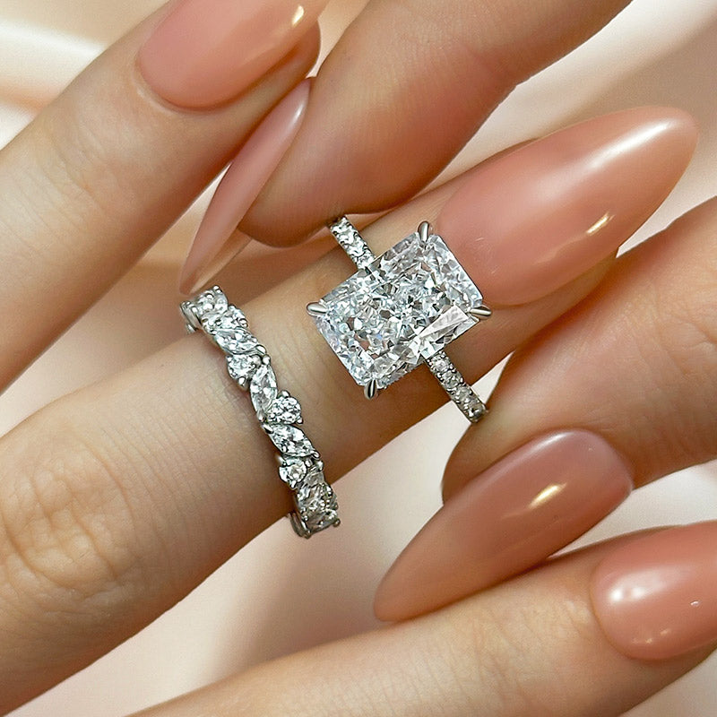 Elegant 4.5CT Emerald Cut Floral Stacking Statement Ring Sets In Sterling Silver