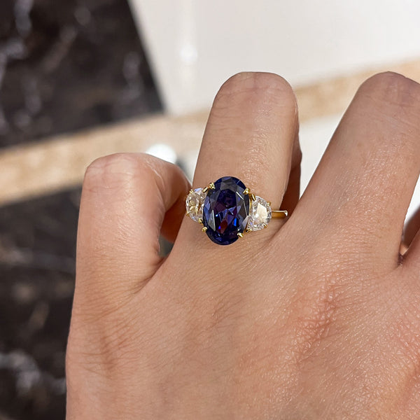Louily Yellow Gold 3.5 Carat Blue Sapphire Oval Cut Three Stone Engagement Ring In Sterling Silver