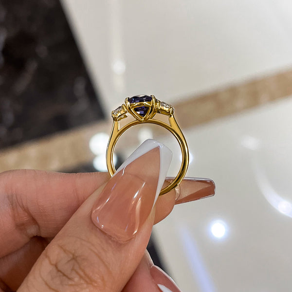 Louily Yellow Gold 3.5 Carat Blue Sapphire Oval Cut Three Stone Engagement Ring In Sterling Silver