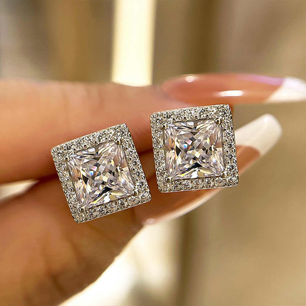 Louily Fashion Halo Princess Cut Stud Earrings In Sterling Silver