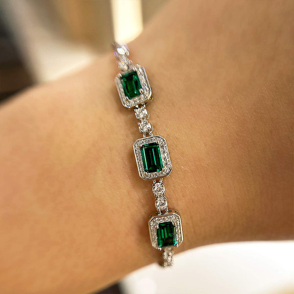 Louily Luxury Emerald Cut Emerald Green Bracelet for Women In Sterling Silver