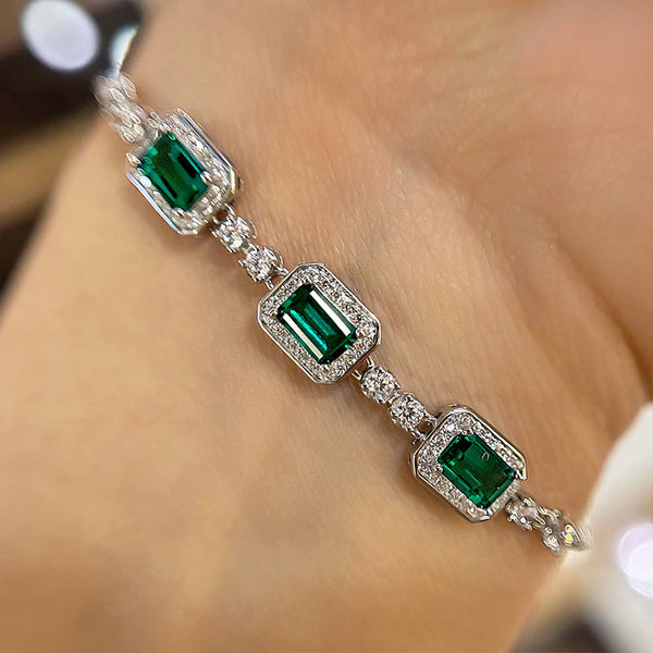 Louily Luxury Emerald Cut Emerald Green Bracelet for Women In Sterling Silver