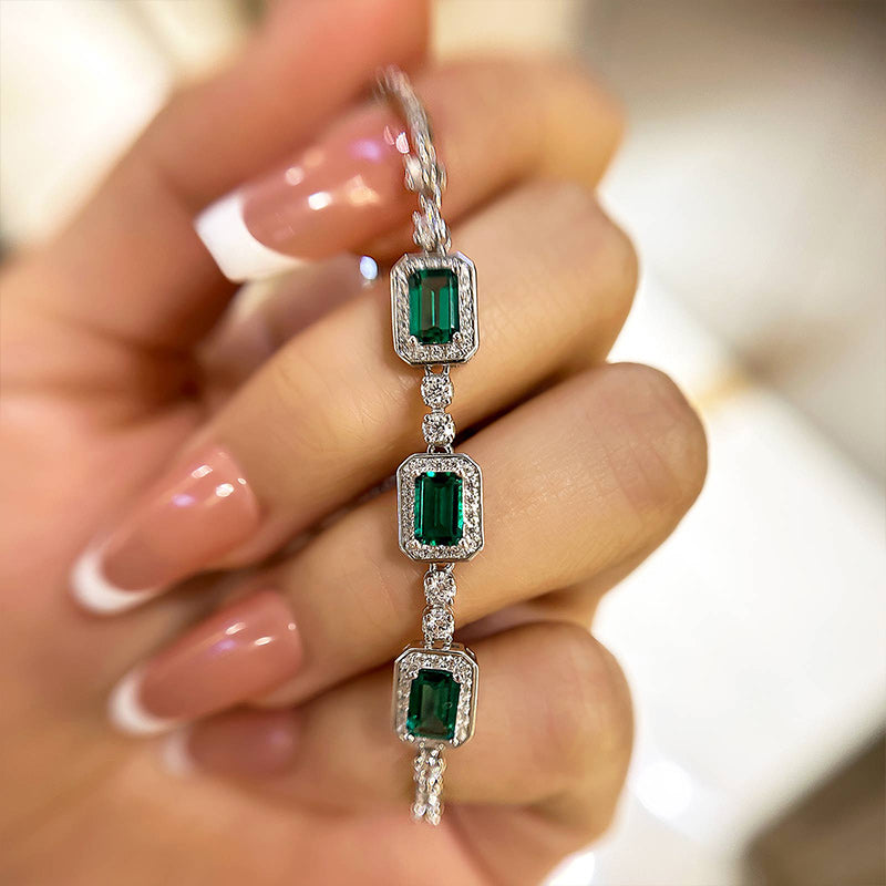 Louily Luxury Emerald Cut Emerald Green Bracelet for Women In Sterling Silver - louilyjewelry