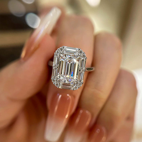 Louily Exquisite Halo Emerald Cut Engagement Ring