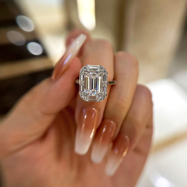 Louily Exquisite Halo Emerald Cut Engagement Ring