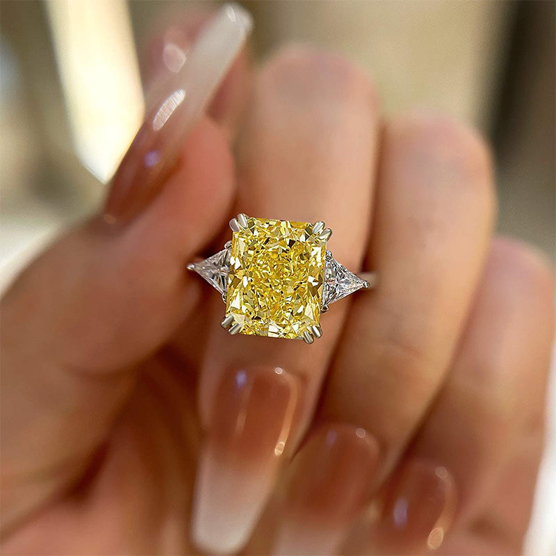 Louily Yellow Stone Radiant & Triangle Cut Three Stone Engagement Ring In Sterling Silver - louilyjewelry